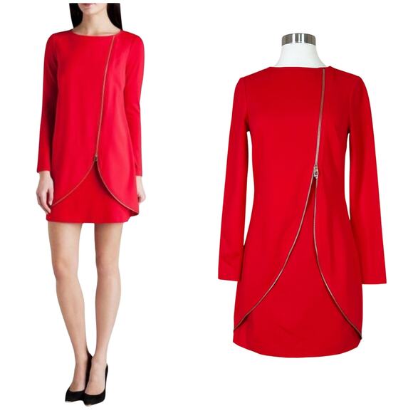 NEW Ted Baker | Edlyn Bright Red Zip Detail Long Sleeve Sheath Mini Dress 0 NWOT - Picture 1 of 11